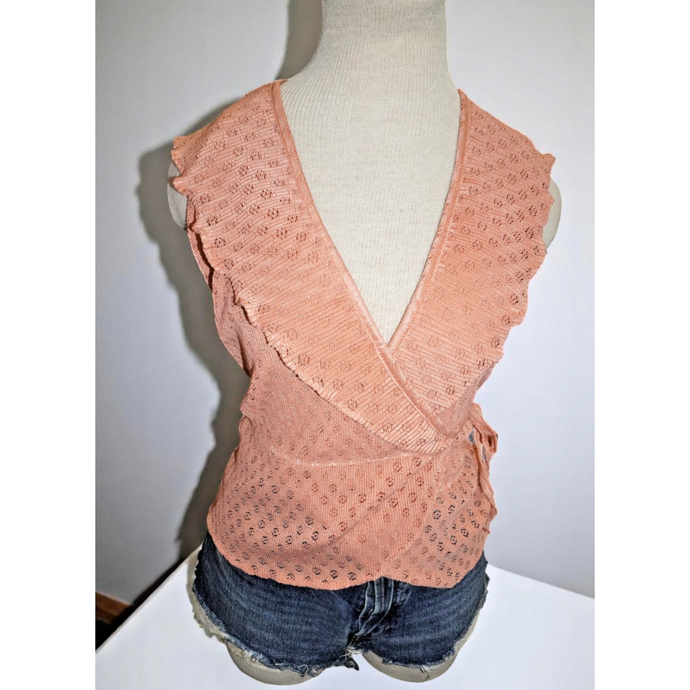 Vintage Peach Lace Ruffle Wrap Tank Top – Romantic Boho Cottagecore – Size S